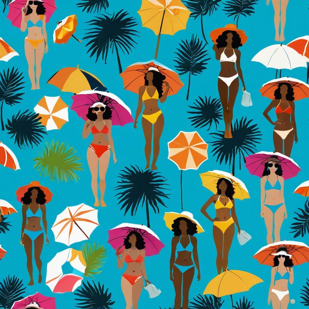A fashion-forward beach scene featuring a diverse group of stylish individuals showcasing the latest beach fashion trends, wearing vibrant swimsuits, trendy cover-ups, oversized hats, and bold accessories. The backdrop should depict a sunny beach with crystal-clear water and palm trees, radiating a fun and lively summer vibe. Incorporate colorful beach towels and umbrellas to enhance the beach atmosphere. playful illustration style. vibrant colors. soft brush strokes.