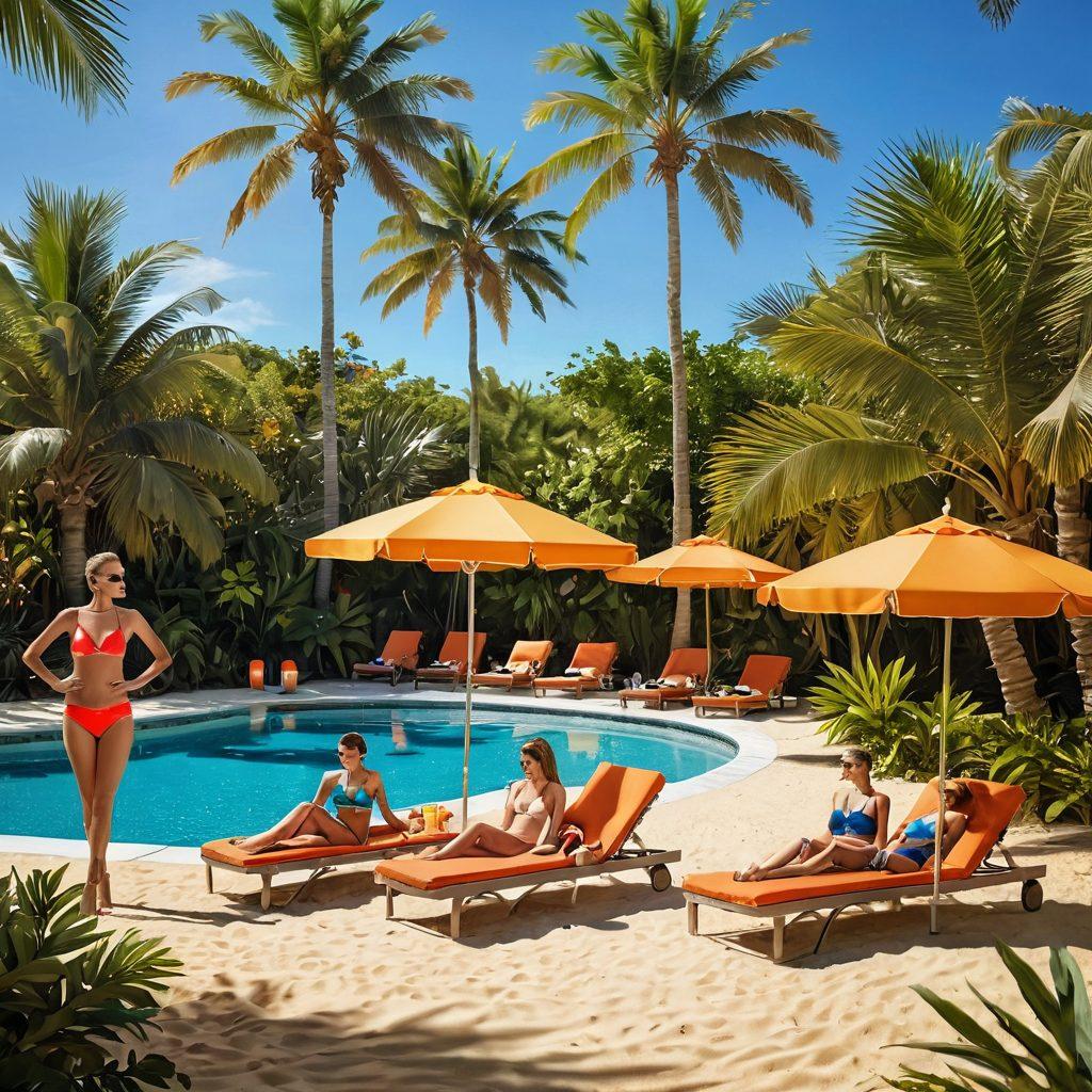 A sun-soaked scene featuring a stylish poolside lounge area with elegant swimwear displayed on stylish mannequins, transitioning to a vibrant shoreline with people in trendy swimsuits enjoying the beach. Include colorful beach umbrellas, tropical drinks, and lush palm trees in the background to evoke a summer vibe. Light reflections on the water and golden sand enhance the atmosphere. super-realistic. vibrant colors. soft focus.